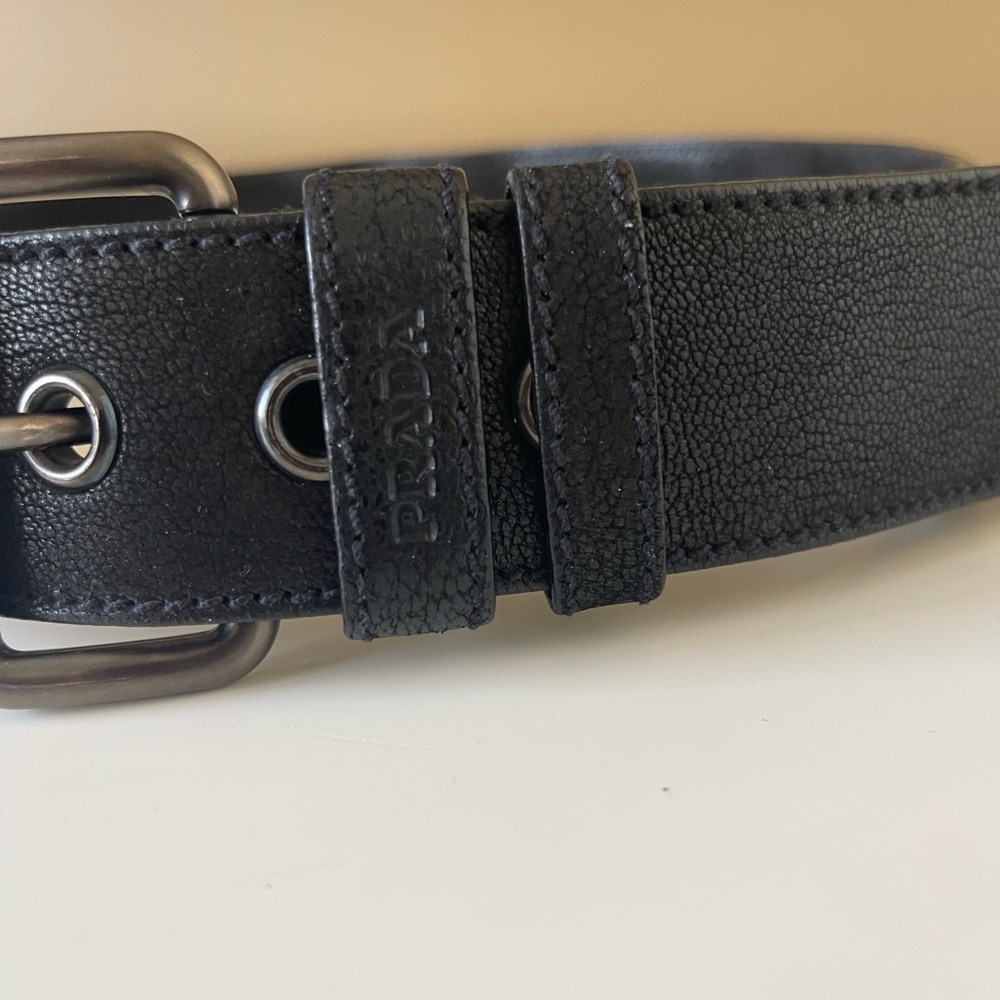 PRADA Black Leather Belt with Dark Silver Buckle and Metal Circle Accents - Picture 9 of 11